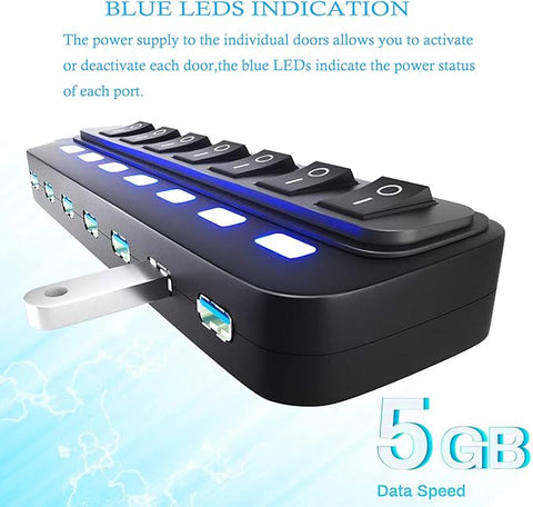 USB Hub 3.0, 7 Port USB Hub Splitter with Individual On/Off LED Switches, 5Gbps HighSpeed Data USB Extension for Laptop, iMac, USB Flash Drives, Mobile HDD, Printer, Camera and More