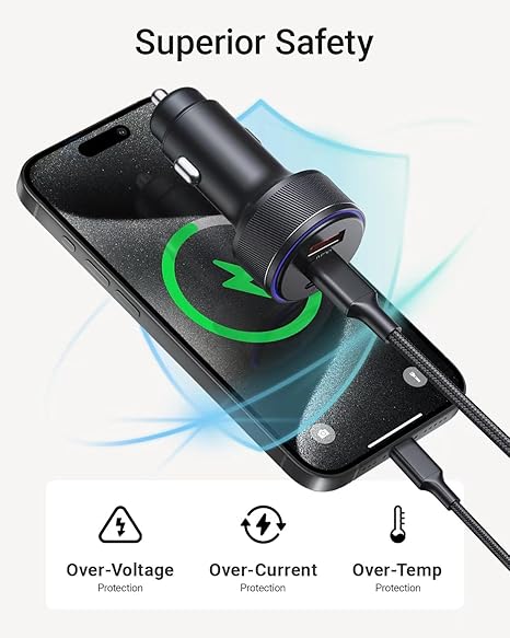 AKNSN 90W USB-C & USB-A Car Charger, 3-Port Fast Charging, PD3.0 & QC3.0, Compatible with iPhone 16/15/14/13 Pro Max, iPad, MacBook, Samsung, Google Pixel, More