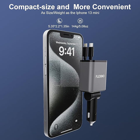 Retractable Car Charger for iPhone 16, 69W Fast Charging Car Charger USB C, Car Chargers with 2 Retractable Cords 2.6ft, Car Adapter for iPhone 16/15/14/13/12 Series, Galaxy, Grey