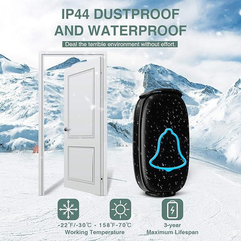 Wireless Doorbell, BO YING Waterproof Door Bell, Easy Install, Operating at 1000ft Range with 38 Melodies to Choose, Adjustable Volume and LED Flash,1 Push Button(Battery included)&1 Receiver (Black)