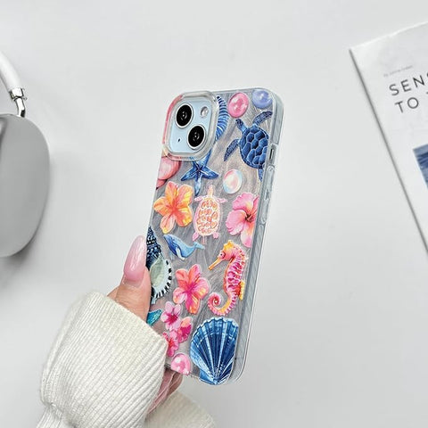 Compatible for iPhone 15 Case Seascape Cute Marine Life Flower Floral with Silver Feather Yarn Design for Women Girls Soft TPU+PC Shockproof Protective Girly-Seahorse