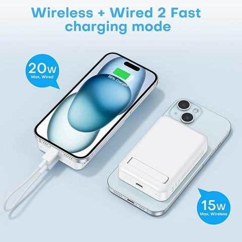 Portable Charger Power Bank - 10000mAh Magnetic Fast Charging Battery Pack for iPhone (Above 11 Series), LED Display Indicators and Foldable Stand- Gray White