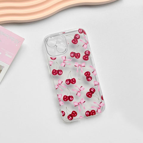 Compatible with iPhone 15 Plus Case Cute Clear Cherry Bowknot Design for Women Girls Bow Ribbon Soft Fit Slim Stylish Anti Yellowing Protective Phone Cover - Pink