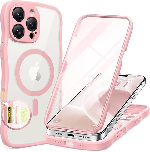iPhone 16 Pro Max Case for Women Girls, [Compatible with MagSafe][Built-in Glass Screen Protector and Camera Protection] Cute Wave Clear Full Body Phone Case for iPhone 16 Pro Max 6.9"