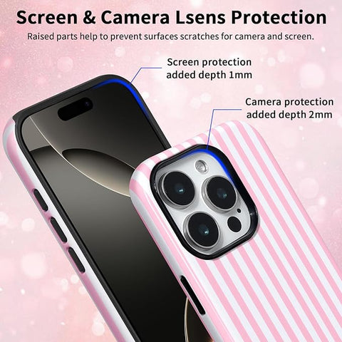 Compatible with iPhone 16 Pro Case Striped Cute Aesthetic Phone Case Shockproof TPU Hard PC Protective Cover for iPhone 16 Pro-Pink