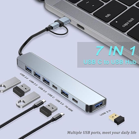 USB C & USB Hub 7-in-1 with USB 3.0, USB-C Ports for PC/Laptops/MacBook Pro/Air/iMac/iPad and More Devices