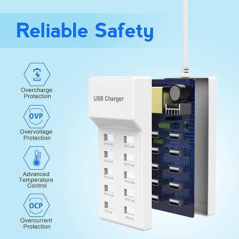 USB Charger Station Block with Rapid Charging Auto Detect Technology Safety Guaranteed 10-Port Family-Sized Smart USB Ports for Multiple Devices Smart Phone Tablet