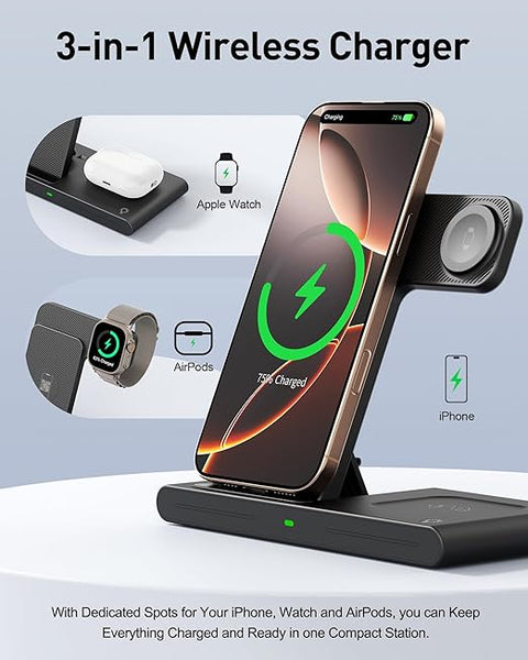 2025 Traveling Portable Wireless Fast Charger for Apple & Android Charging Station, 3 in 1 Charging for iPhone 16 15 14 13 12, Apple Watch Series & Air pods 4 3 2 Pro, Samsung Galaxy-Gifts for Family