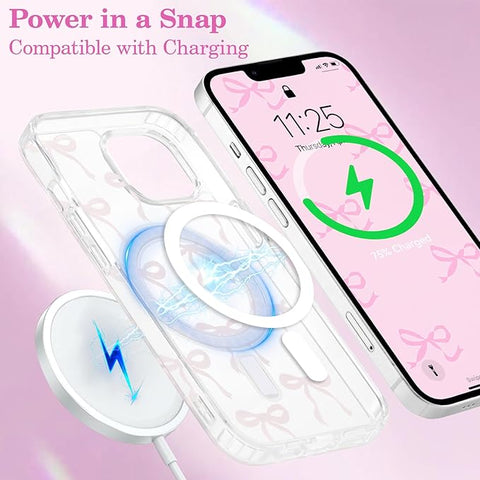 Magnetic for iPhone 14 & iPhone 13 Case, Bow Case Compatible with MagSafe, Wireless Slim Clear Ribbon Phone Cover Anti-Yellowing Shockproof Protective Cover for Women Girl - Pink