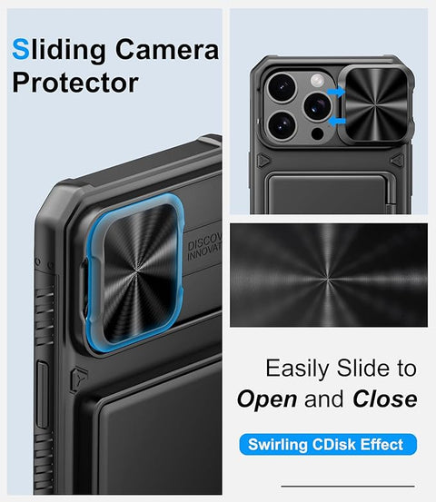 for iPhone 16 Pro Max Case Wallet, Built-in Card Holder (4-5 Cards), Slide Lens Cover, Military Drop Protection, Rugged Heavy Duty Men Women Protective Phone Case for iPhone 16 Pro Max,