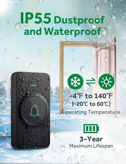 Wireless Door Bell, CB-21 Mini Waterproof Wireless Doorbell Operating at Over 1000 Feet, 2 Remote Buttons Can Have Different Tones, 52 Melodies, CD Quality Sound and LED Flash