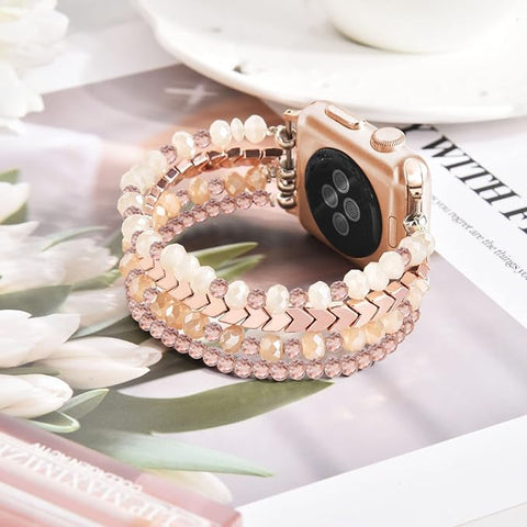 Beaded Bracelet Compatible with Apple Watch Band 38mm/40mm/41mm/42mm（Series 10） 9/8/7/SE/6/5/4/3/2/1 Women Fashion Handmade Elastic Stretch Strap for iWatch Bands Replacement Rose Gold
