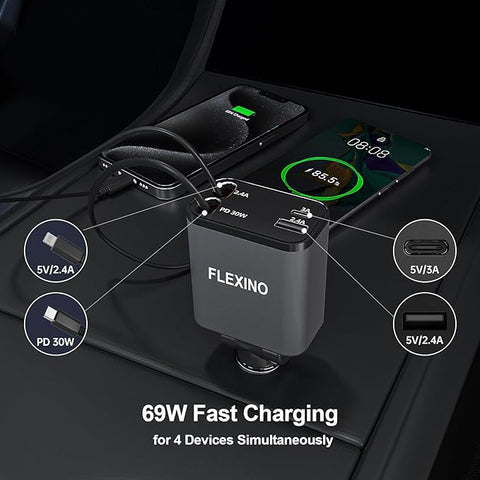 Retractable Car Charger for iPhone 16, 69W Fast Charging Car Charger USB C, Car Chargers with 2 Retractable Cords 2.6ft, Car Adapter for iPhone 16/15/14/13/12 Series, Galaxy, Grey