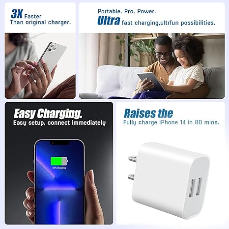 3 Pack USB Wall Charger, Dual Port Plug Adapter for Wall Outlet Charging Block, USB Power Adapter for iPhone 14/13/12/11 Pro/Pro Max, XS/XR/X, Galaxy, Pixel, Moto and Android Phones (White)