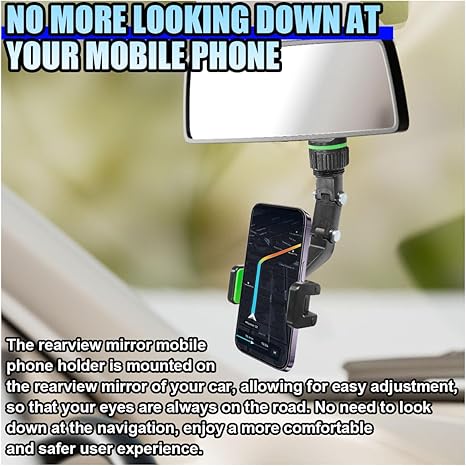Rearview Mirror Phone Mount Holder for Car, 360° Rotating Adjustable Car Phone & GPS Holder, Universal Retractable Multifunctional Automobile Cradles for All Mobile Phones (Green) -Phone Holder