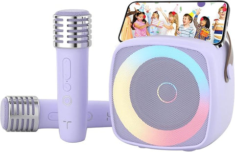 Karaoke Machine 2 Microphones for Home Party with Phone Holder, Wireless Portable Bluetooth Speaker with Dynamic Lights for Kids Adults Mini Voice Changer Mic Speaker Set for Boys Girls