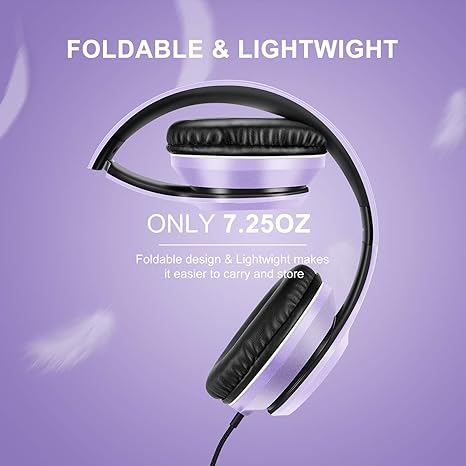Over-Ear Wired with Microphone with 1.45m-Tangle-Free Nylon Line&3.5mm Plug,Lightweight Foldable & Portable Microphone for Smartphone,Tablet,Computer,Mp3/4(Dark Purple)