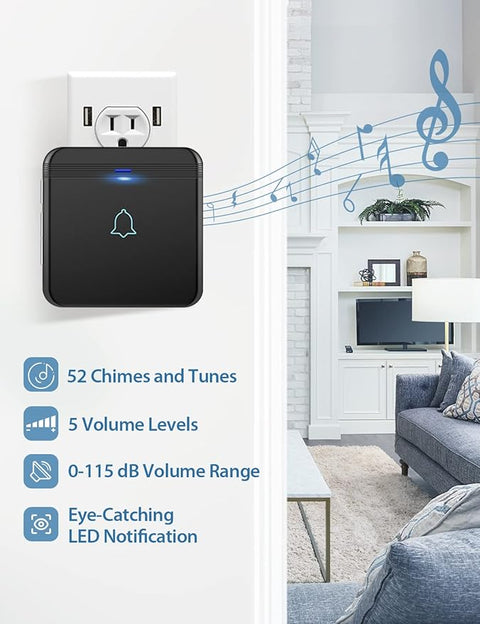 Wireless Doorbell, D-3B Waterproof Door Chime Kit Operating at over 1300 Feet with 2 Plug-In Receivers, 52 Melodies, CD Quality Sound and LED Flash