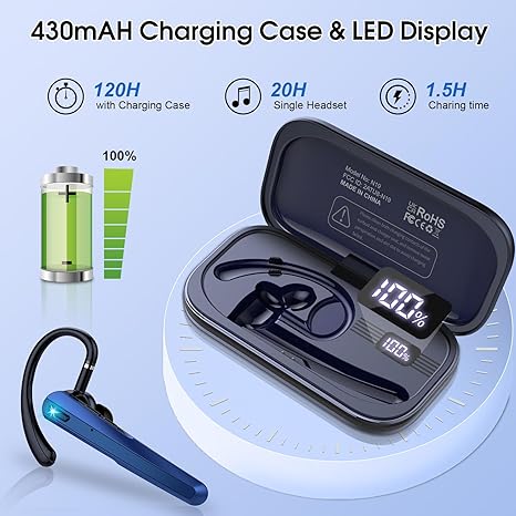 Bluetooth Headset V5.3, Wireless Headset with ENC Noise Canceling Mic, 120Hrs Talk Single-Ear Bluetooth Earpiece, LED Display, IP7 Waterproof Hand-Free Earphone for Business/Trucker/Driver, Dark Blue