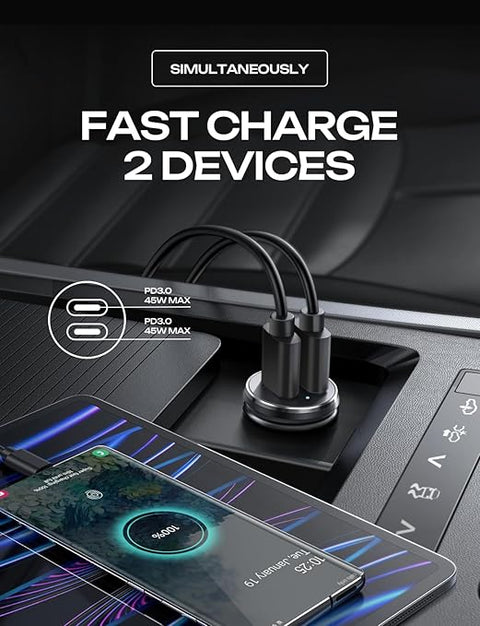 90W USB C Car Charger, 2-Port PD 45W & QC 3.0 USB C Cigarette Lighter Adapter for iPhone 16 [All Metal & Mini] USB C Car Charger Fast Charging for iPhone 16/15/14/13 Pro, Galaxy S25/S24, iPad