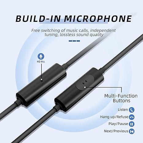 EP-06 Wired Handsfree in-Ear ,Build-in Noise Isolating Handsfree,3.5mm Jack 4.9ft Long Cord Ear Buds,HD Bass Audio,with 6 Ear Tips,for /Laptop/Computer Etc-Black