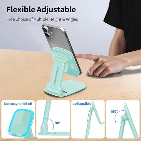 Cell Phone Stand for Desk,Height Adjustable Cell Phone Holder Portable Desktop Stand, Travel Home Office Desk Accessories Compatible with iPhone 16/15/14/13/12/11 All Smartphone - Light Green