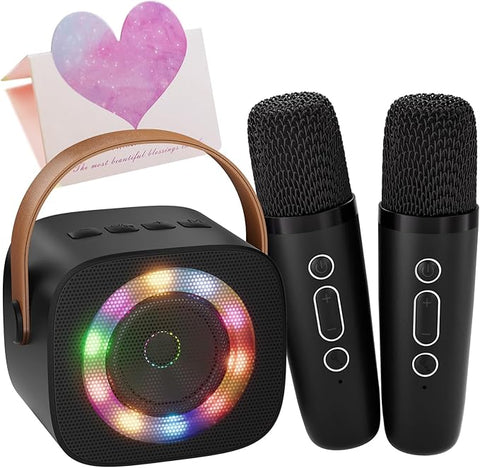 Karaoke Machine for Kids, Portable Bluetooth Mini Karaoke Microphone Singing Speaker with 2 Wireless Mic, Long Battery Life and Stereo Sound, Christmas Birthday Gifts for Family Home (Black)