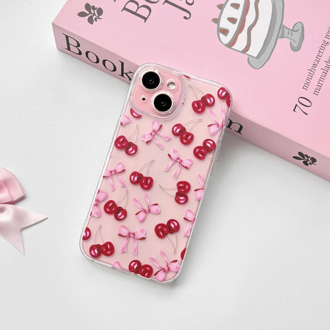 Compatible with iPhone 15 Plus Case Cute Clear Cherry Bowknot Design for Women Girls Bow Ribbon Soft Fit Slim Stylish Anti Yellowing Protective Phone Cover - Pink