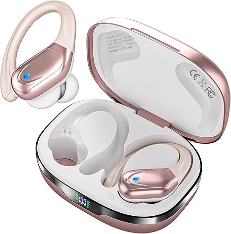 Wireless Earbuds, Sports Bluetooth Headphones, 80Hrs Playtime Ear Buds with LED Power Display, Noise Canceling Headset, IPX7 Waterproof Earphones for Workout/Running Rose Gold