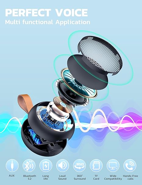 Portable Bluetooth Speaker, IPX7 Waterproof Small Shower Speaker Wireless Bluetooth with Loud Sound, Support TF Care/Built-in Mic- for Carabiner, Beach, Camping, Hiking, Pool, Great Gift (Black)