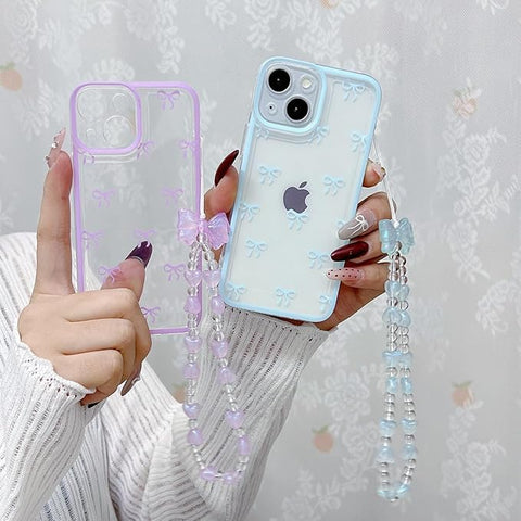 Cute Bowknot Case for iPhone X/Xs, Ribbon Bow Case with Bling Bracelet Chain, Clear Aesthetic Stylish Slim Soft Durable Pretty TPU Protective Cover for Women Girls, Blue
