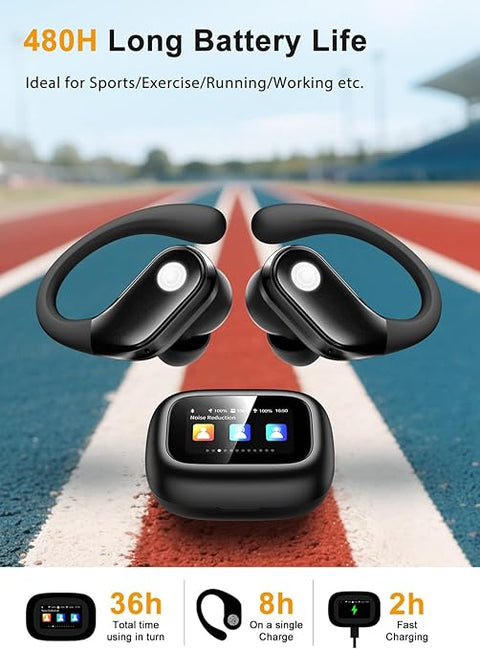 Wireless Earbuds, ANC Noise Cancelling Sport Ear Buds with Multifunctional Touch Screen, Bluetooth 5.4 Headphones, Bass Stereo Sound, 5 EQ Over The Ear Earbuds for Sports/Workout/Gym-Black