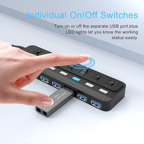 USB Hub 3.0, 7 Port USB Hub Splitter with Individual On/Off LED Switches, 5Gbps HighSpeed Data USB Extension for Laptop, iMac, USB Flash Drives, Mobile HDD, Printer, Camera and More