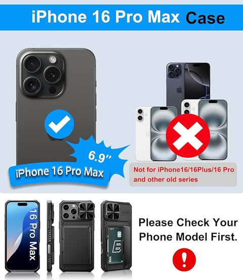 for iPhone 16 Pro Max Case Wallet, Built-in Card Holder (4-5 Cards), Slide Lens Cover, Military Drop Protection, Rugged Heavy Duty Men Women Protective Phone Case for iPhone 16 Pro Max,