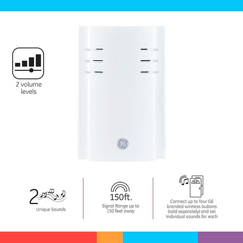 Wireless Doorbell Kit, Plug-In Receiver, 1 Push Buttons Door Bell, 2 Melodies Doorbell Chime, 4 Volume Levels, Classroom Doorbell, 150 Ft Range, White, 19298