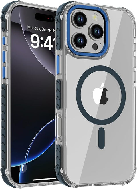 Strong Magnetic Case for iPhone 16 Pro Max 6.9-Inch,[Compatible with Magsafe] Clear Slim Shockproof Protective Phone Cover for Women Men-Transparent+Blue