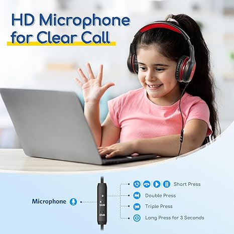 Kids Wired with Microphone, 85/94dB Volume Limit for Kids, Portable Wired Microphone with Shareport, Stereo Sound Foldable Headset for School/Tablet/iPad/Kindle, Black Red