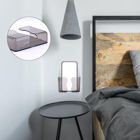 2pcs Wall Mount Phone Holders, Clear Plastic Self Adhesive With Charging Hole Shelf Stand, Bedside Smartphone Stand Cradle, Cell Mobile Phone Accessories for iPhone and Android (Volcanic Gray)