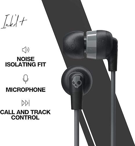 Ink’d+ Wired Handsfree with 3.5mm Plug, Noise Isolating Fit, Built-In Handsfree Call and Track Control, Ear Gel Sizes Included for Custom Fit, Convenient for Travel - Black