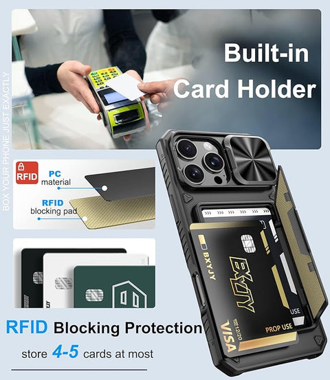 for iPhone 16 Pro Max Case Wallet, Built-in Card Holder (4-5 Cards), Slide Lens Cover, Military Drop Protection, Rugged Heavy Duty Men Women Protective Phone Case for iPhone 16 Pro Max,