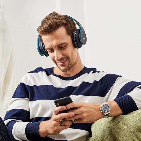 Bluetooth Headphones Over-Ear, Foldable Wireless and Wired Stereo Headset Micro SD/TF, FM for Cell Phone,PC,Soft Earmuffs &Light Weight for Prolonged Wearing (Black/Blue)
