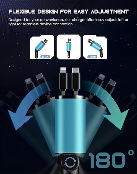 Retractable Car Phone Charger, 4 in 1 Fast Charge Car Phone Charger with 2 Retractable Cables(2.6ft) and 2 USB Ports, Compatible with iPhone15/14/15 Pro Max,Samsung (Light Blue) -Car charger