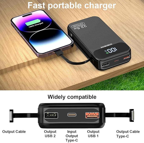 Power Bank 27000mAh Fast Charging Built-in 2 Cables, 22.5W Portable Charger, Portable USB C Power Bank Battery Pack with LCD Display Powerbank for Smartphones Tablets and More