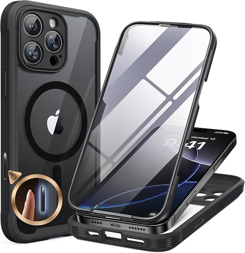 Magnetic for iPhone 16 Pro Max Case 6.9'' [Compatible with MagSafe] Full-Body Phone case with Built-in Glass Screen Protector& Camera Protector,Drop Proof 16 Pro Max Cover,Black