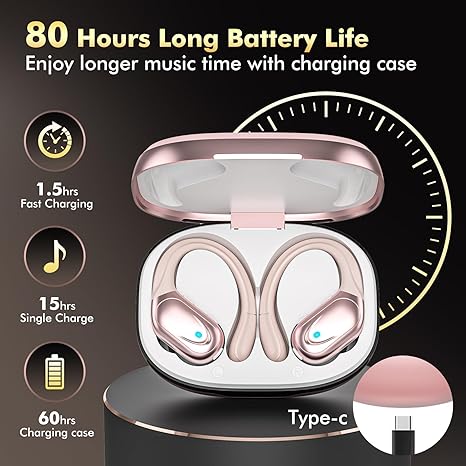 Wireless Earbuds, Sports Bluetooth Headphones, 80Hrs Playtime Ear Buds with LED Power Display, Noise Canceling Headset, IPX7 Waterproof Earphones