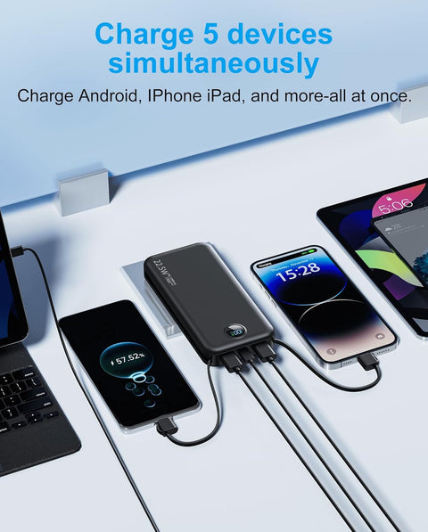 Portable Phone Charger, 12000mAh 22.5W Fast Charging Power Bank with Built-in Cables & Wall Plug, External Battery Bank with LED Display, Travel Essential Battery Pack for iPhone, iPad, Samsung