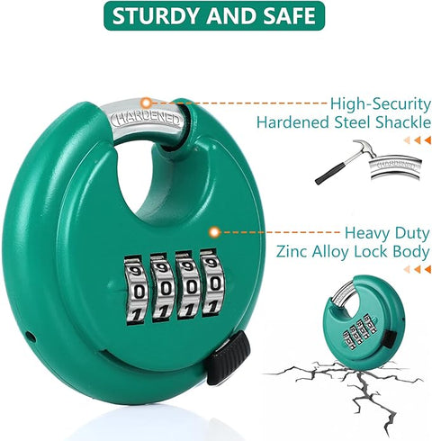 Rohuis Padlock Combination Lock - 4 Digit Discus Locker Lock with Hardened Steel Shackle - Heavy Duty Disc Pad Lock for Outdoors Sheds Fence, Gate Hasps, Storage Unit (Green)