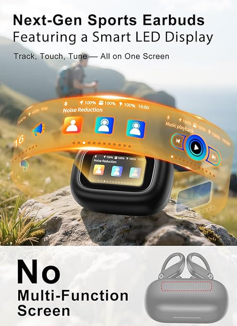 Wireless Earbuds, ANC Noise Cancelling Sport Ear Buds with Multifunctional Touch Screen, Bluetooth 5.4 Headphones, Bass Stereo Sound, 5 EQ Over The Ear Earbuds for Sports/Workout/Gym-Black