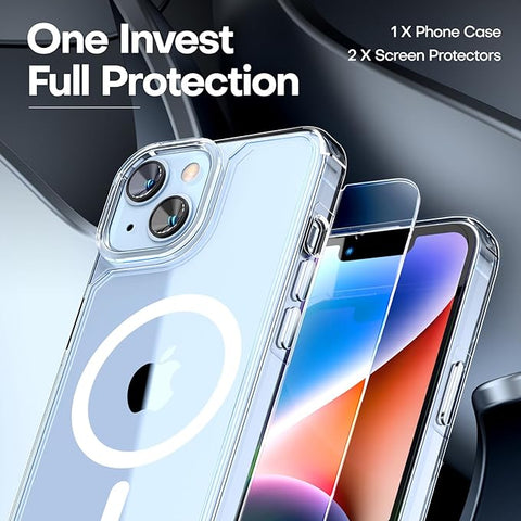 3 in 1 Magnetic for iPhone 14 Case Clear, [Compatible with MagSafe] with 2X Screen Protectors, Military-Grade Drop Protection Shockproof Slim 14 Cover 6.1 Inch