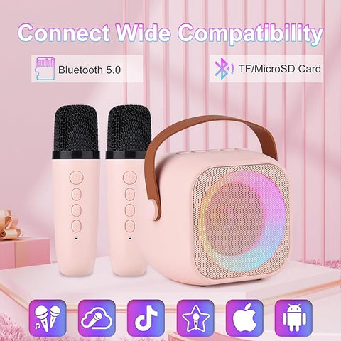 Karaoke Machine for Kids Adults, Mini Portable Bluetooth Karaoke Speaker with 2 Wireless Microphone and Lights,Toys for All Smartphones,Birthday, Family,Home Party